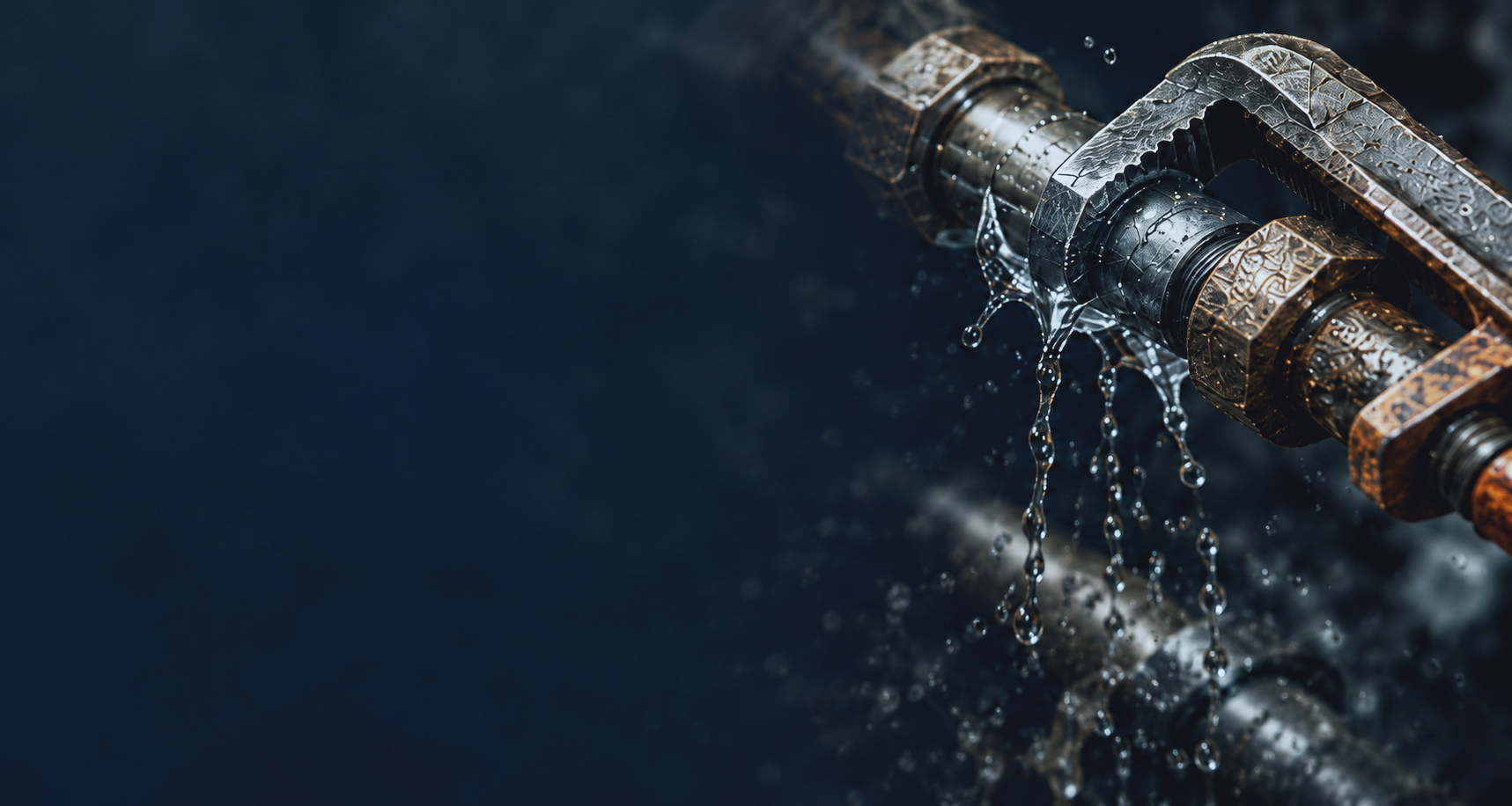 Close-up of a plumber's wrench fixing a leaking pipe